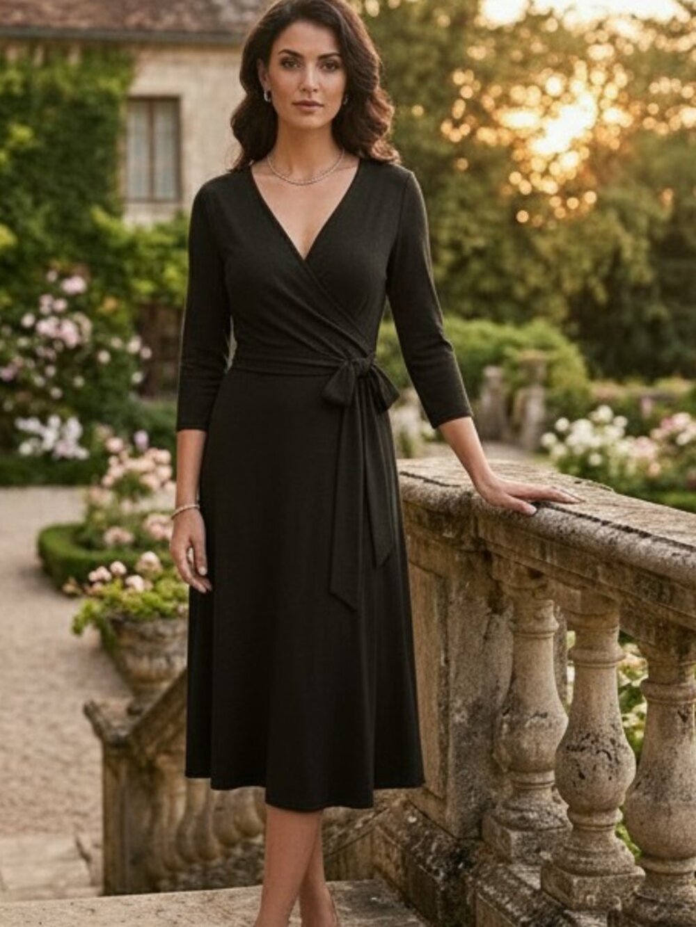 NWT Lauren Ralph Lauren Black Wrap Dress Size 6 Midi 3/4 Sleeve